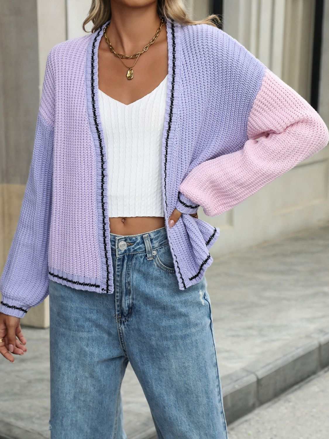 Contrast Open Front Long Sleeve Cardigan - Primrose Signature Boutique