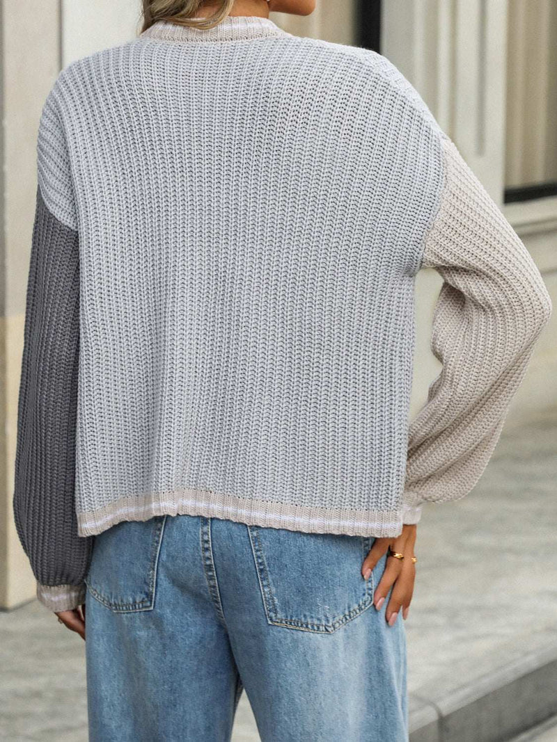 Contrast Open Front Long Sleeve Cardigan-zoom-