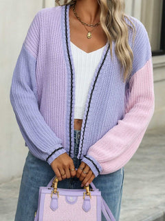 Contrast Open Front Long Sleeve Cardigan - Primrose Signature Boutique