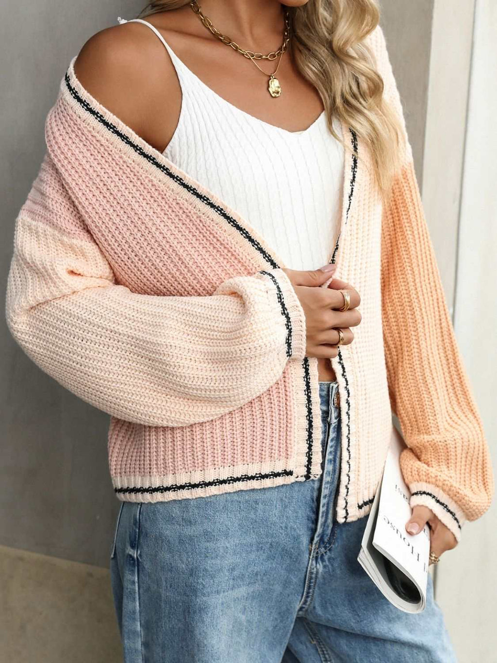 Contrast Open Front Long Sleeve Cardigan - Primrose Signature Boutique