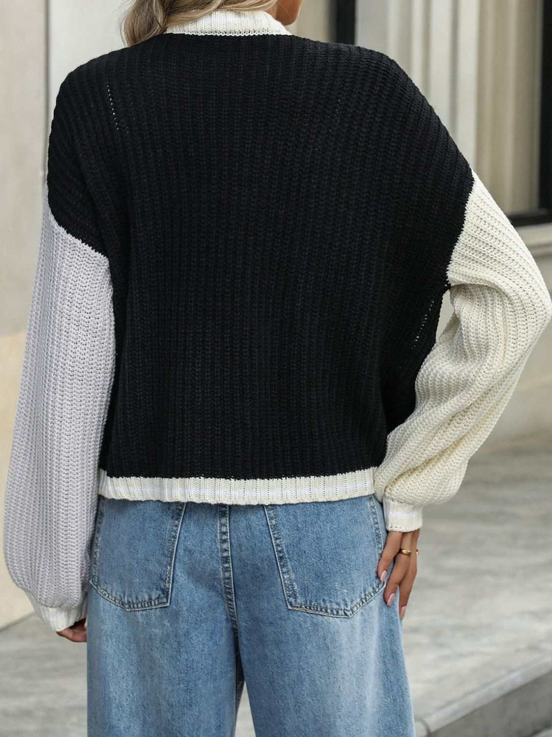 Contrast Open Front Long Sleeve Cardigan-zoom-