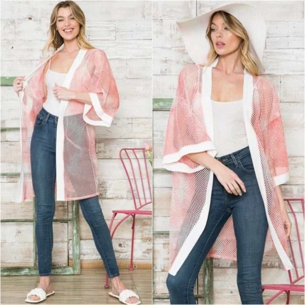 Coral Tie Dye Mesh Kimono - Primrose Signature Boutique