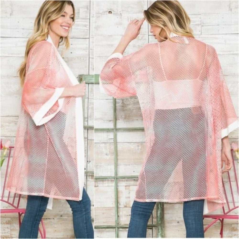 Coral Tie Dye Mesh Kimono - Primrose Signature Boutique