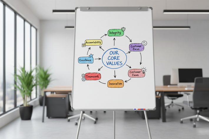 core values for small business people workingand has core valeus in a didagram on a whie board