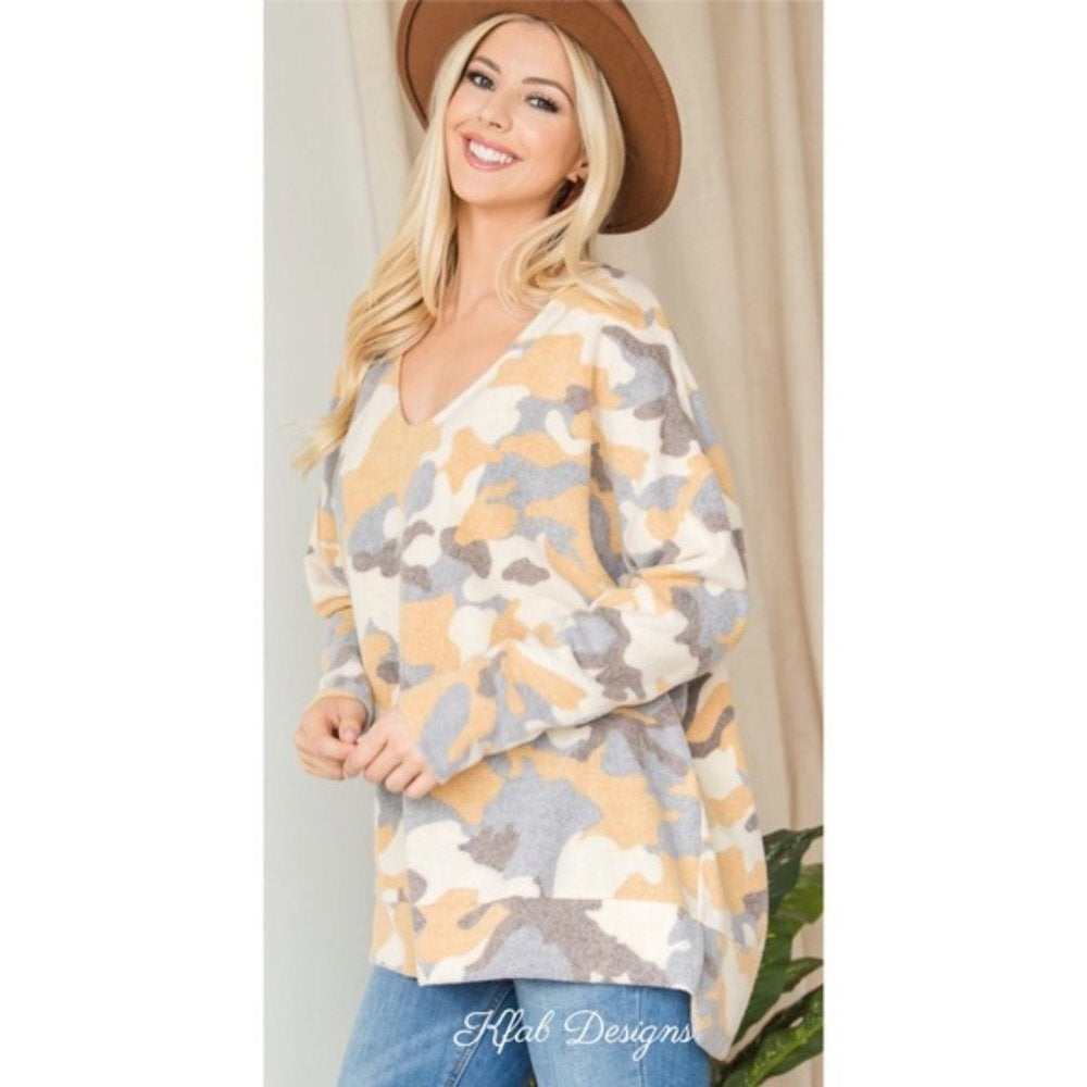 Cozy Mustard Camo Print Lightweight Sweater - Primrose Signature Boutique