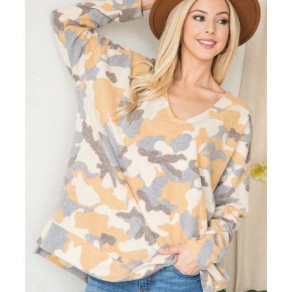 Cozy Mustard Camo Print Lightweight Sweater - Primrose Signature Boutique
