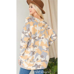 Cozy Mustard Camo Print Lightweight Sweater - Primrose Signature Boutique