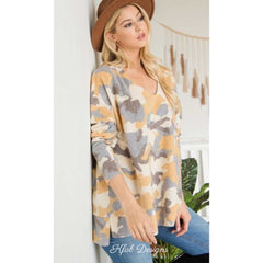 Cozy Mustard Camo Print Lightweight Sweater - Primrose Signature Boutique