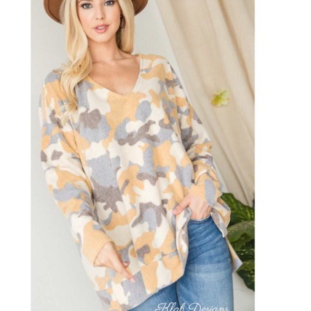 Cozy Mustard Camo Print Lightweight Sweater - Primrose Signature Boutique