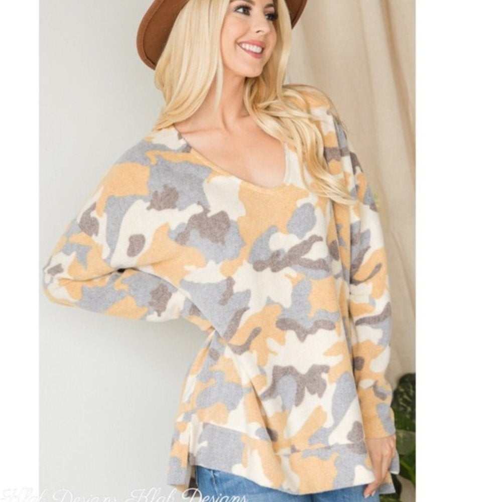 Cozy Mustard Camo Print Lightweight Sweater - Primrose Signature Boutique