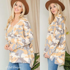 Cozy Mustard Camo Print Lightweight Sweater - Primrose Signature Boutique