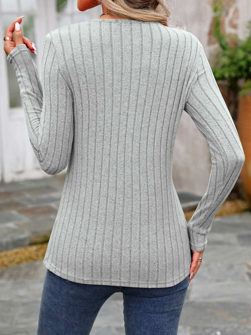 Decorative Button Round Neck Long Sleeve T-Shirt-zoom-