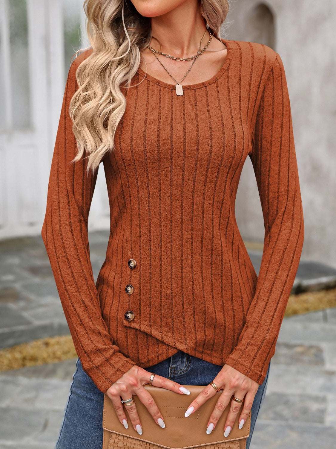 Decorative Button Round Neck Long Sleeve T-Shirt - Primrose Signature Boutique