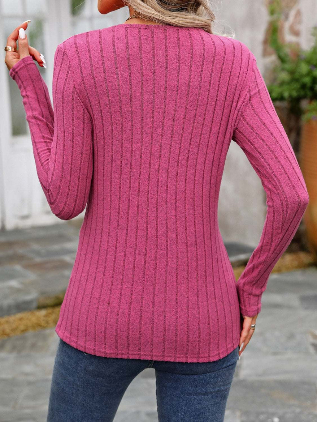 Decorative Button Round Neck Long Sleeve T-Shirt - Primrose Signature Boutique