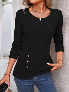 Decorative Button Round Neck Long Sleeve T-Shirt - Primrose Signature Boutique