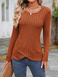 Decorative Button Round Neck Long Sleeve T-Shirt - Primrose Signature Boutique