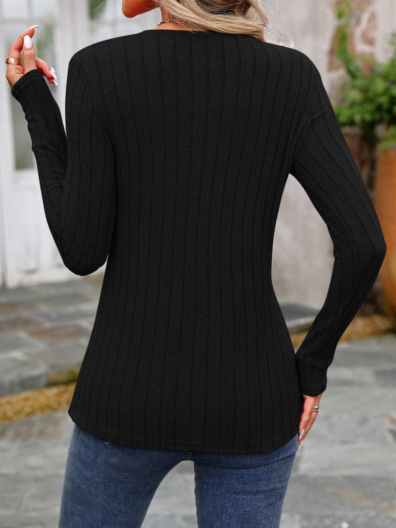 Decorative Button Round Neck Long Sleeve T-Shirt-zoom-