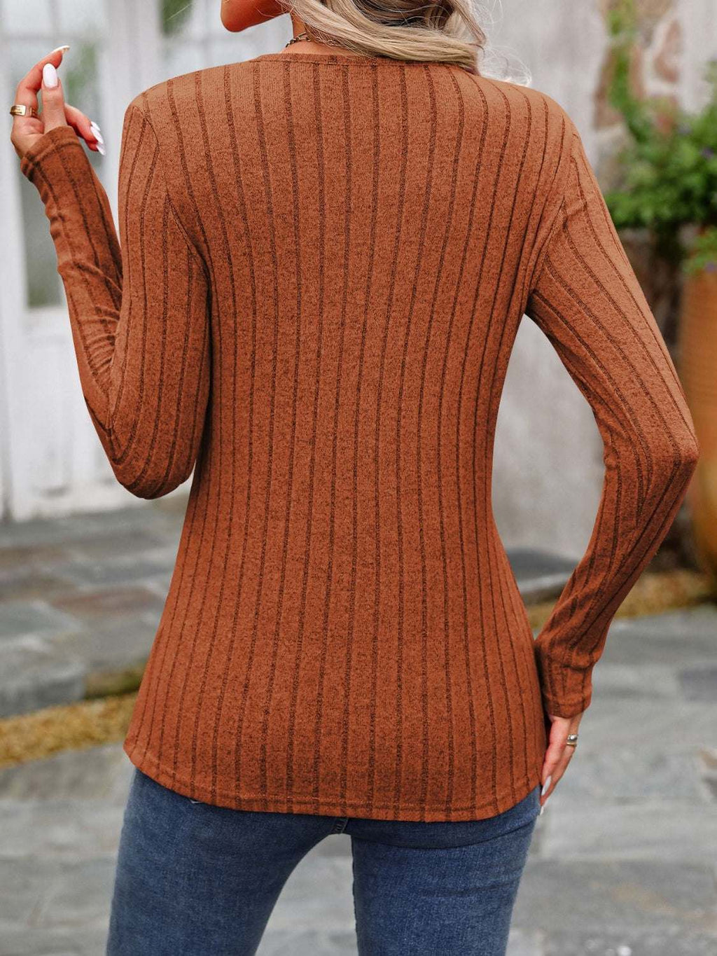 Decorative Button Round Neck Long Sleeve T-Shirt - Primrose Signature Boutique