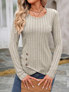 Decorative Button Round Neck Long Sleeve T-Shirt - Primrose Signature Boutique