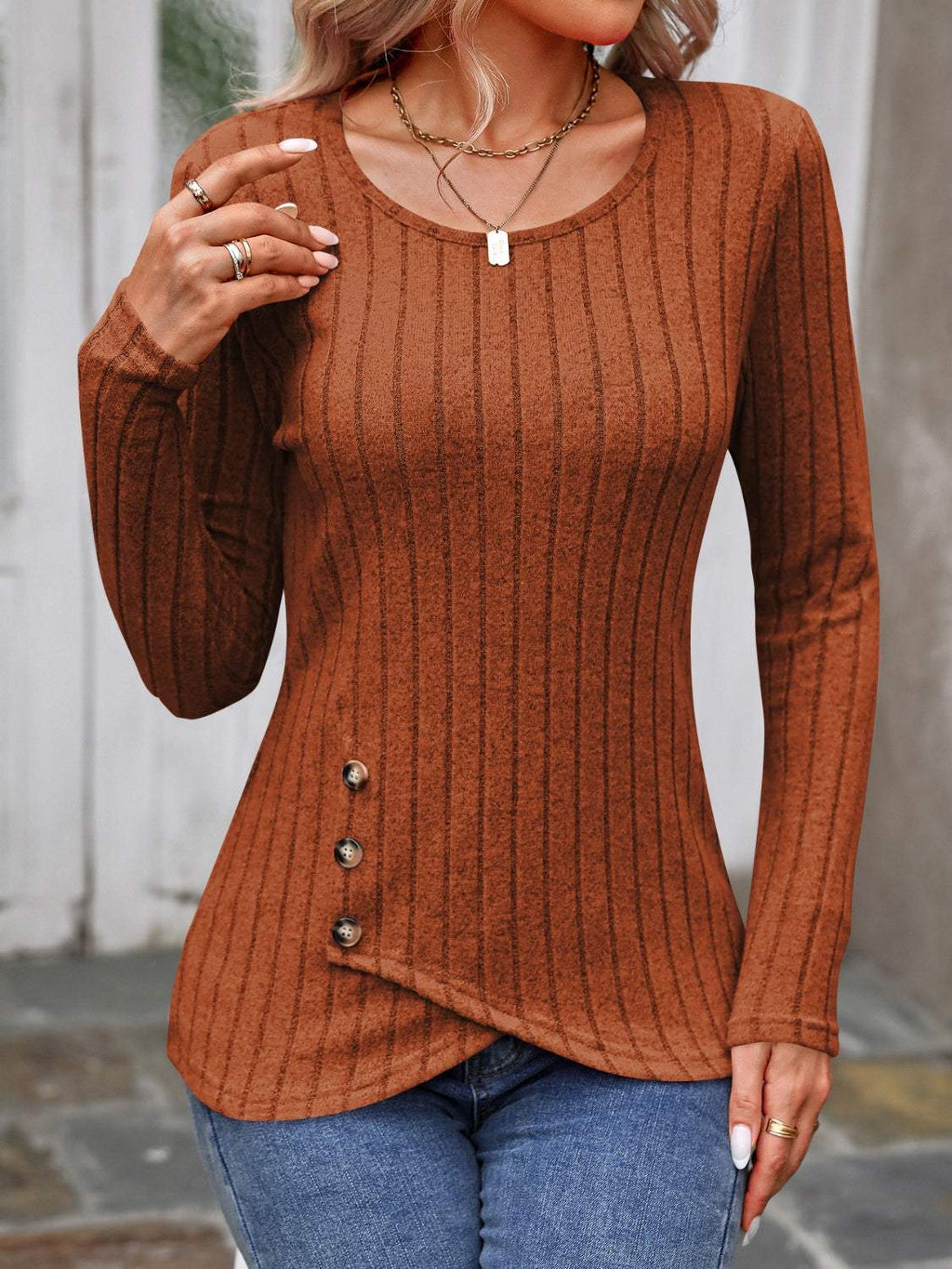 Decorative Button Round Neck Long Sleeve T-Shirt - Primrose Signature Boutique