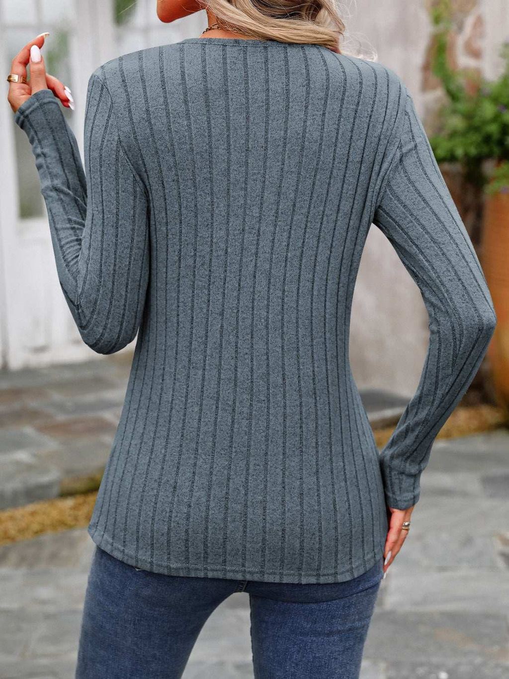 Decorative Button Round Neck Long Sleeve T-Shirt - Primrose Signature Boutique