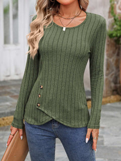 Decorative Button Round Neck Long Sleeve T-Shirt - Primrose Signature Boutique
