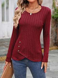 Decorative Button Round Neck Long Sleeve T-Shirt - Primrose Signature Boutique