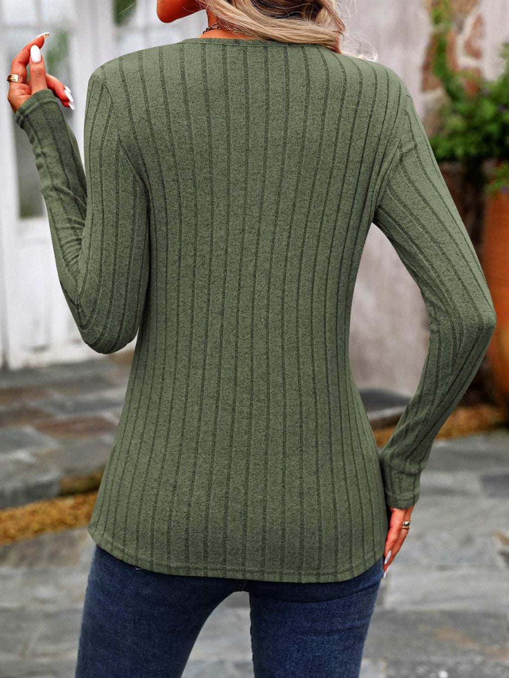 Decorative Button Round Neck Long Sleeve T-Shirt - Primrose Signature Boutique