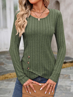 Decorative Button Round Neck Long Sleeve T-Shirt - Primrose Signature Boutique