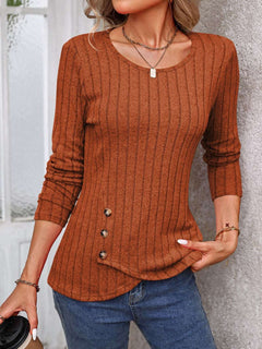 Decorative Button Round Neck Long Sleeve T-Shirt - Primrose Signature Boutique