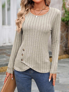 Decorative Button Round Neck Long Sleeve T-Shirt - Primrose Signature Boutique
