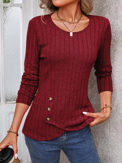 Decorative Button Round Neck Long Sleeve T-Shirt - Primrose Signature Boutique