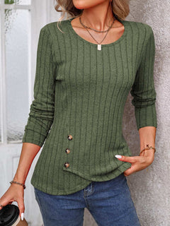 Decorative Button Round Neck Long Sleeve T-Shirt - Primrose Signature Boutique