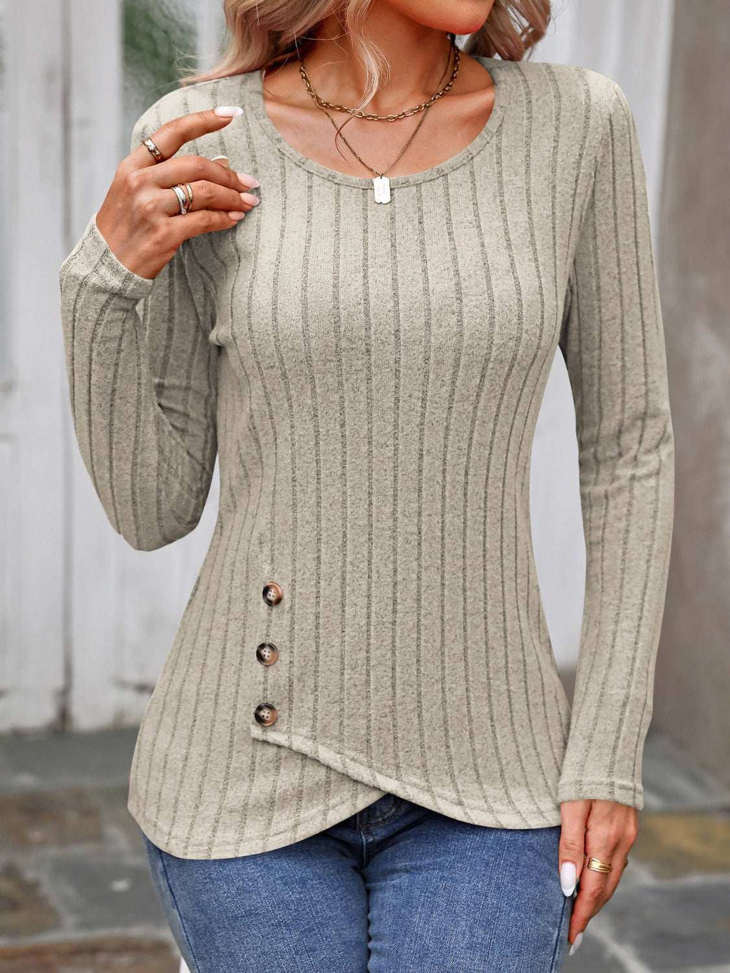 Decorative Button Round Neck Long Sleeve T-Shirt - Primrose Signature Boutique