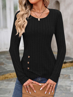 Decorative Button Round Neck Long Sleeve T-Shirt - Primrose Signature Boutique