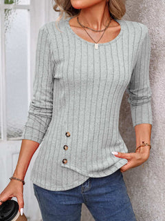 Decorative Button Round Neck Long Sleeve T-Shirt - Primrose Signature Boutique