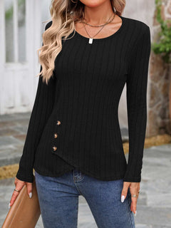 Decorative Button Round Neck Long Sleeve T-Shirt - Primrose Signature Boutique