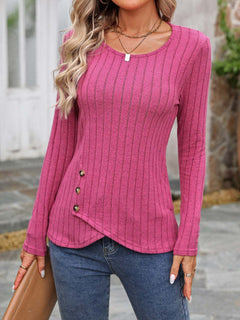 Decorative Button Round Neck Long Sleeve T-Shirt - Primrose Signature Boutique