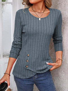 Decorative Button Round Neck Long Sleeve T-Shirt - Primrose Signature Boutique