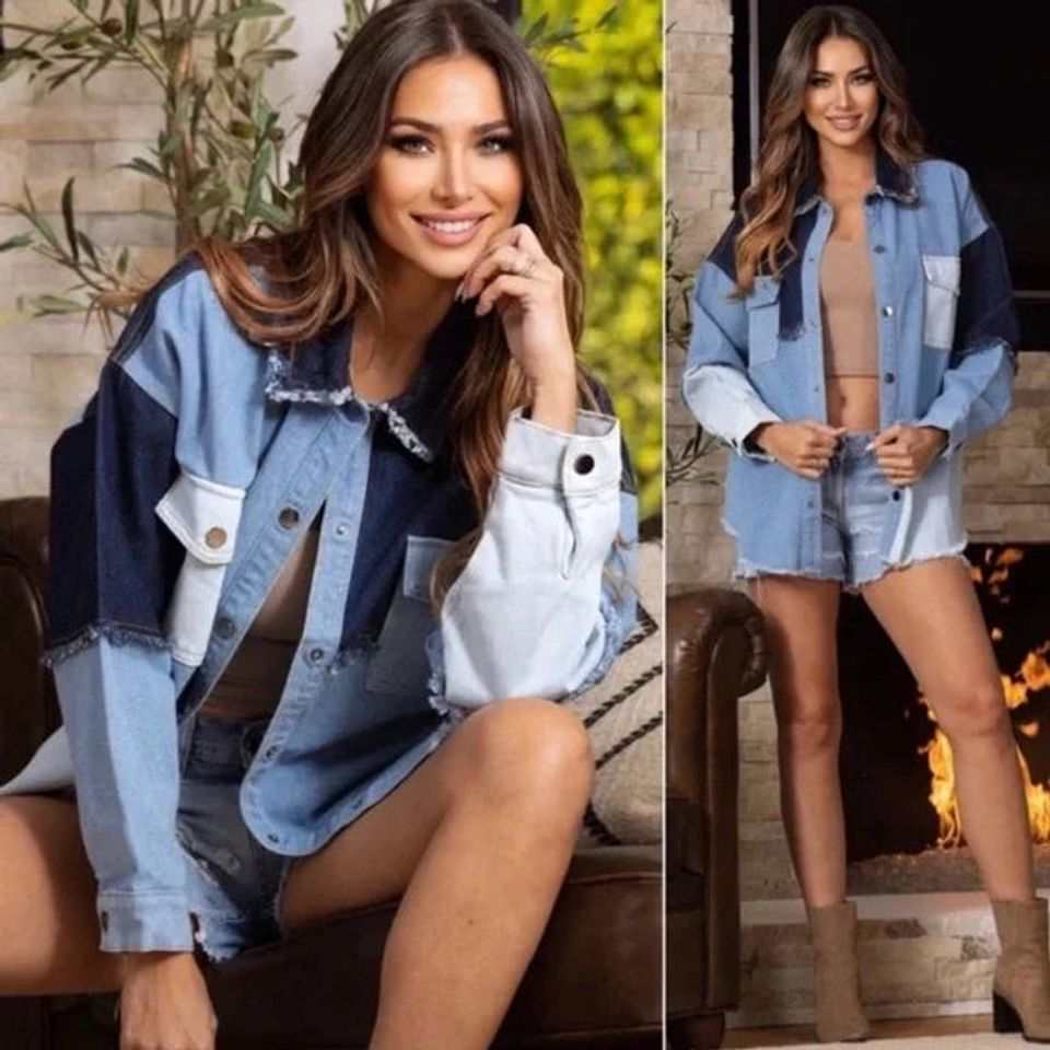 Denim Colorblock Jean Shacket Distressed Jacket - Primrose Signature Boutique