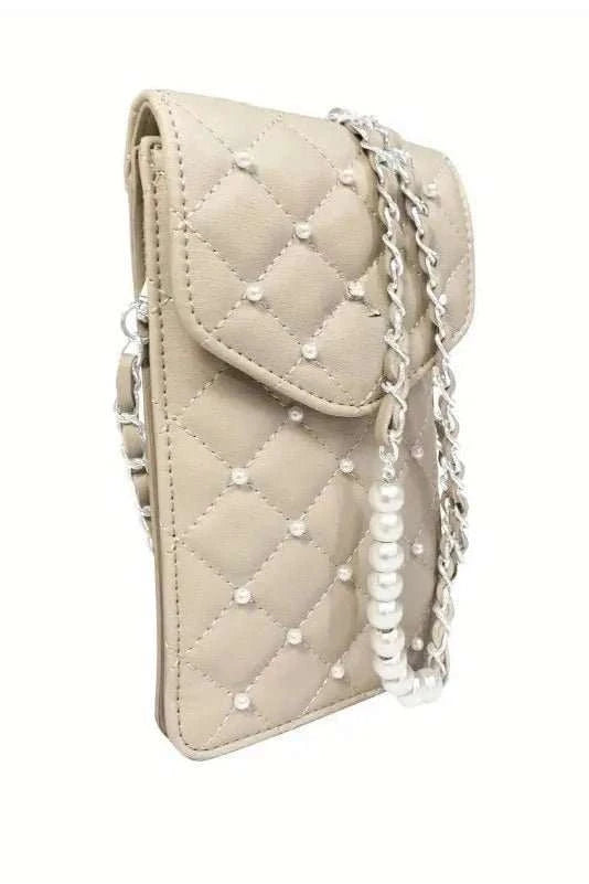 Diamond Quilted Studded Pearls Crossbody Phone Case - Primrose Signature Boutique