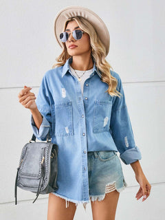 Distressed Raw Hem Dropped Shoulder Denim Jacket - Primrose Signature Boutique