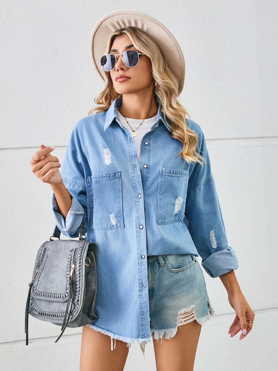 Distressed Raw Hem Dropped Shoulder Denim Jacket - Primrose Signature Boutique