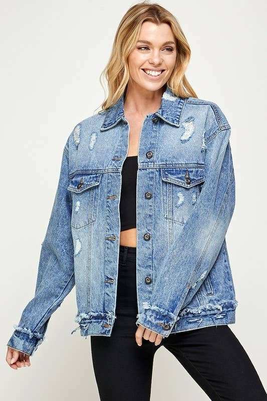 Distressed Women's Denim Jacket-zoom-