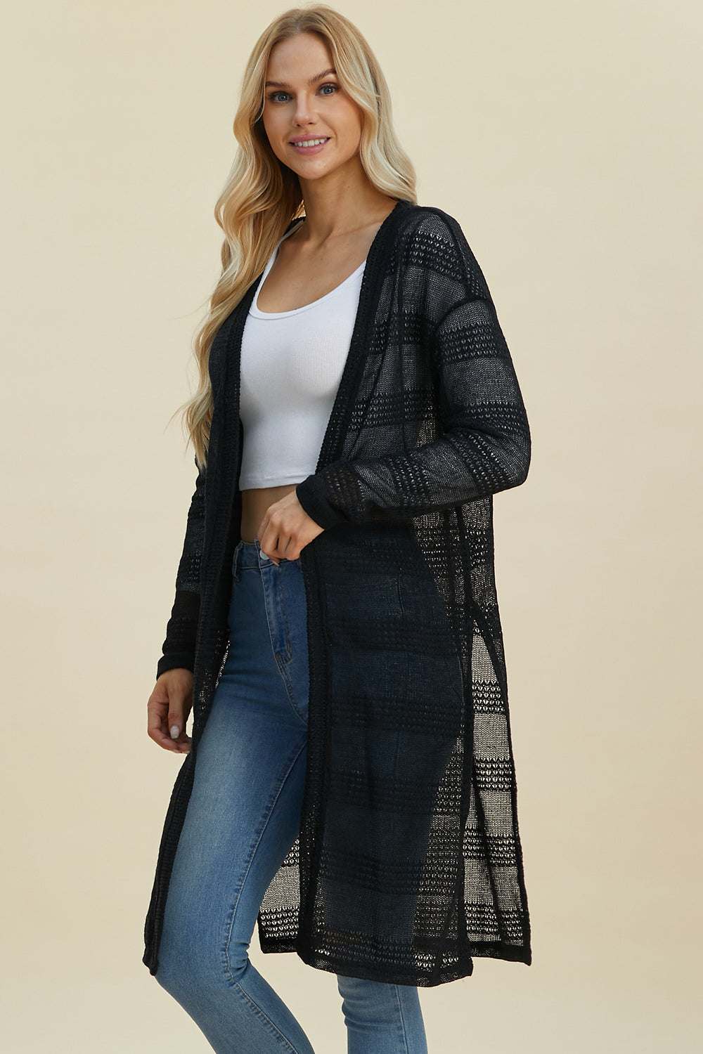 Double Take Full Size Open Front Longline Cardigan - Primrose Signature Boutique