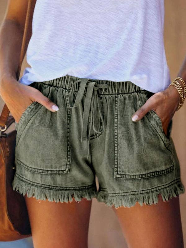 Drawstring High Waisted Denim Fringed Shorts - Primrose Signature Boutique