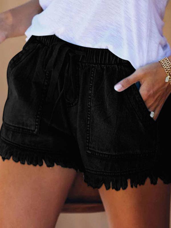 Drawstring High Waisted Denim Fringed Shorts - Primrose Signature Boutique