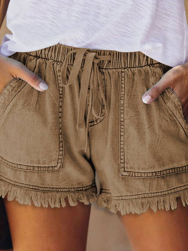 Drawstring High Waisted Denim Fringed Shorts-zoom-