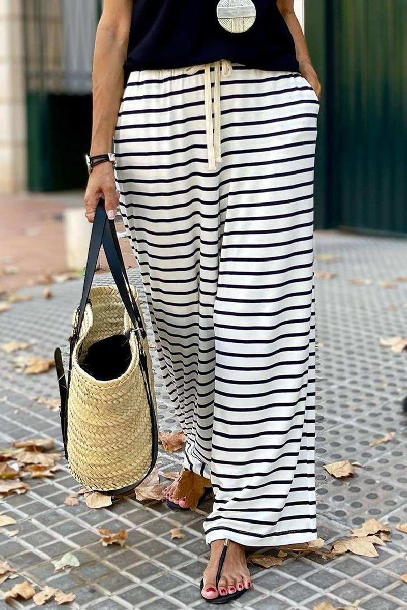 Drawstring Striped Wide Leg Pants-zoom-