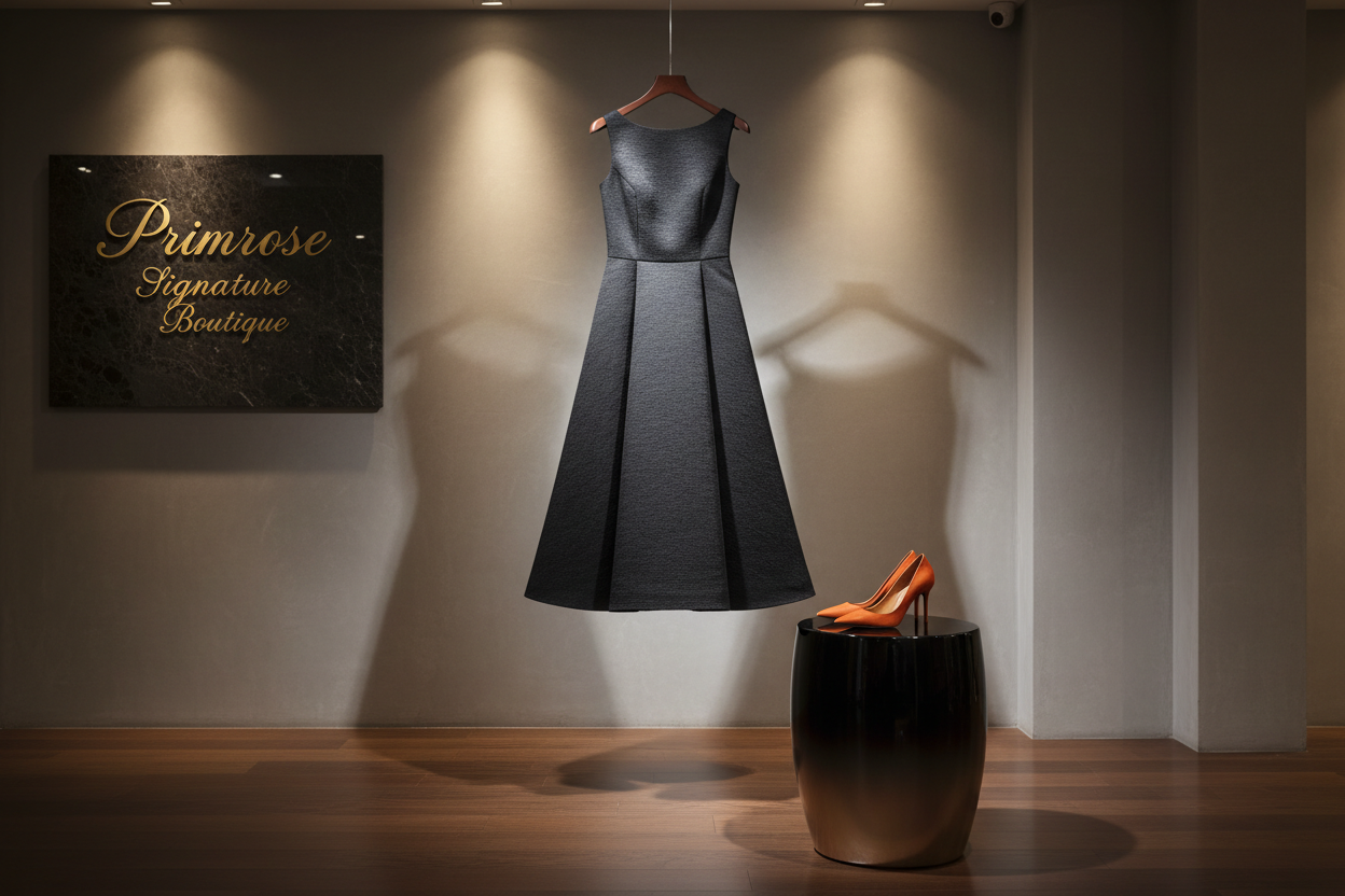 dress hanging from hanger black a line style with orange heels sitting on a round ombre black color stool   words " Primrose Signature Boutique" to the Left
